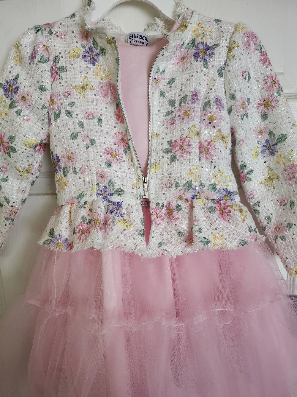 Blueberi Boulevard White Floral Sequin Jacket with Pink Tulle Dress